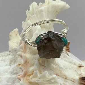 🧡NEW Ring Raw Smoky Quartz Turquoise Silver Tone Bohemian Minimalist Wire Wrapp